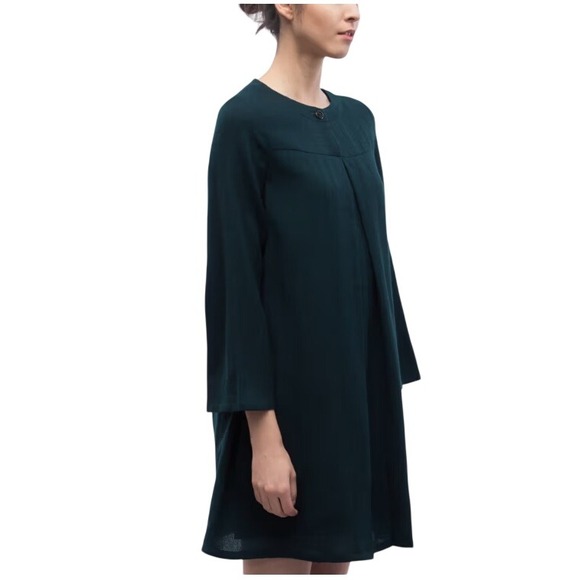 A.P.C. Rue Madame Paris Wool Bell Sleeve Box Pleat Dark Teal Mini Dress 38 - Picture 2 of 14